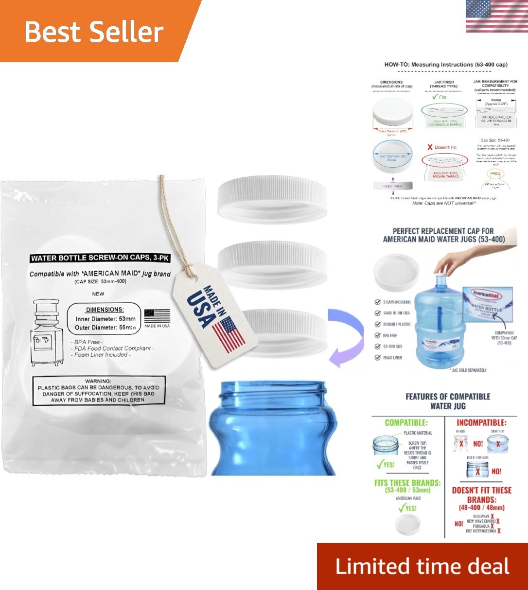 Disposable 53mm Caps for Water Storage - 3 Count for American Maid Bottles