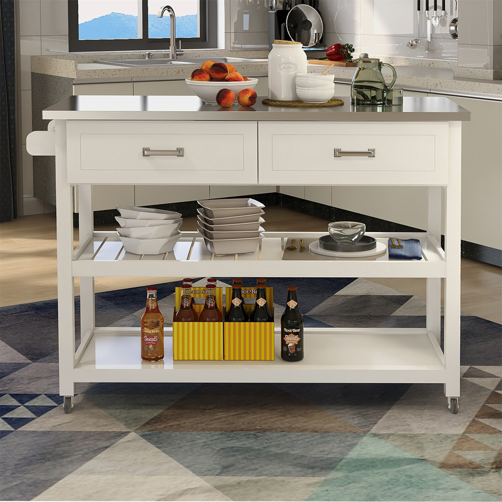 Rolling Kitchen Island Stainless Steel Table Top Kicthen Cart w/Two Drawers