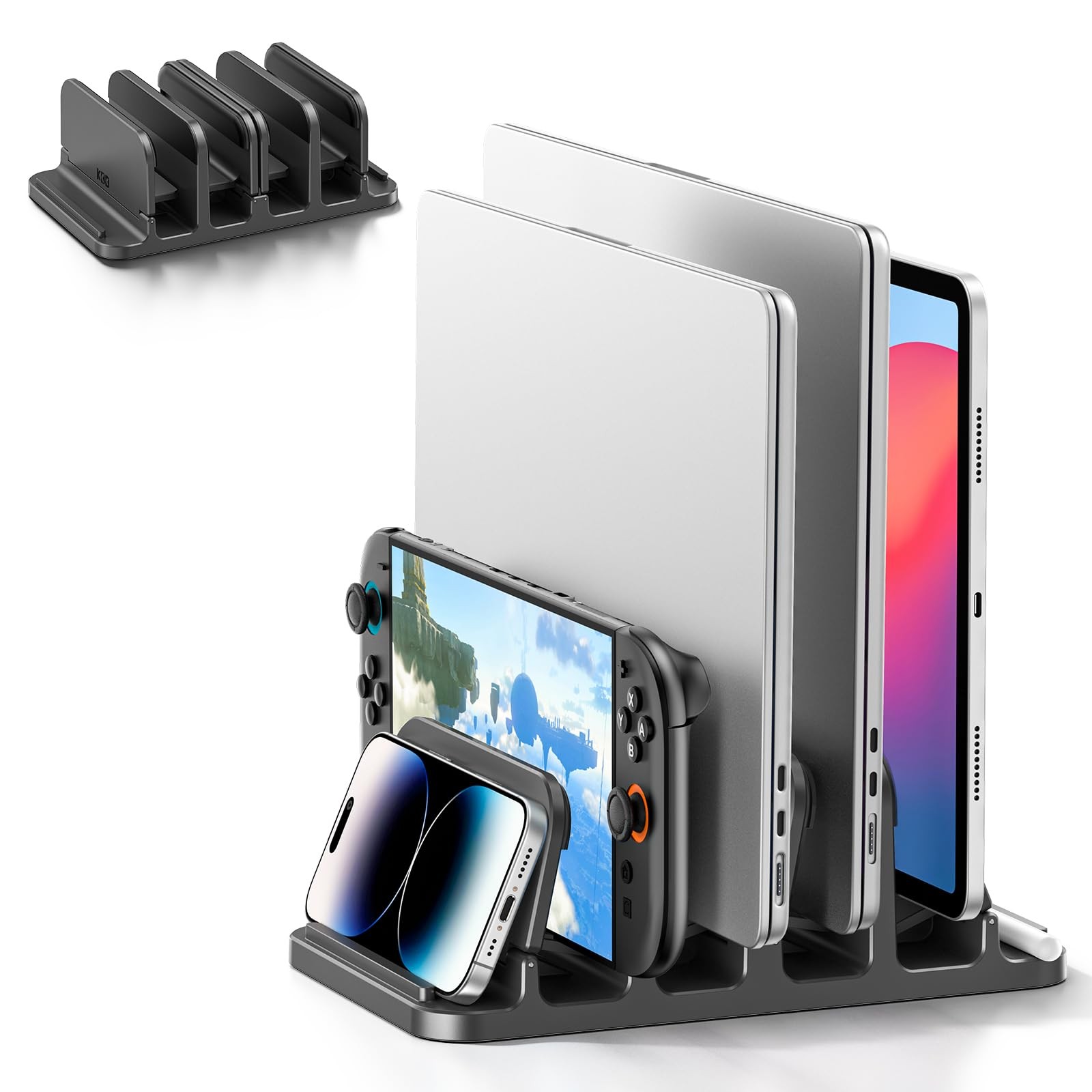 KDD 4-Slot Vertical Laptop Stand with Gravity Locking, 6-in1, Black / Silver
