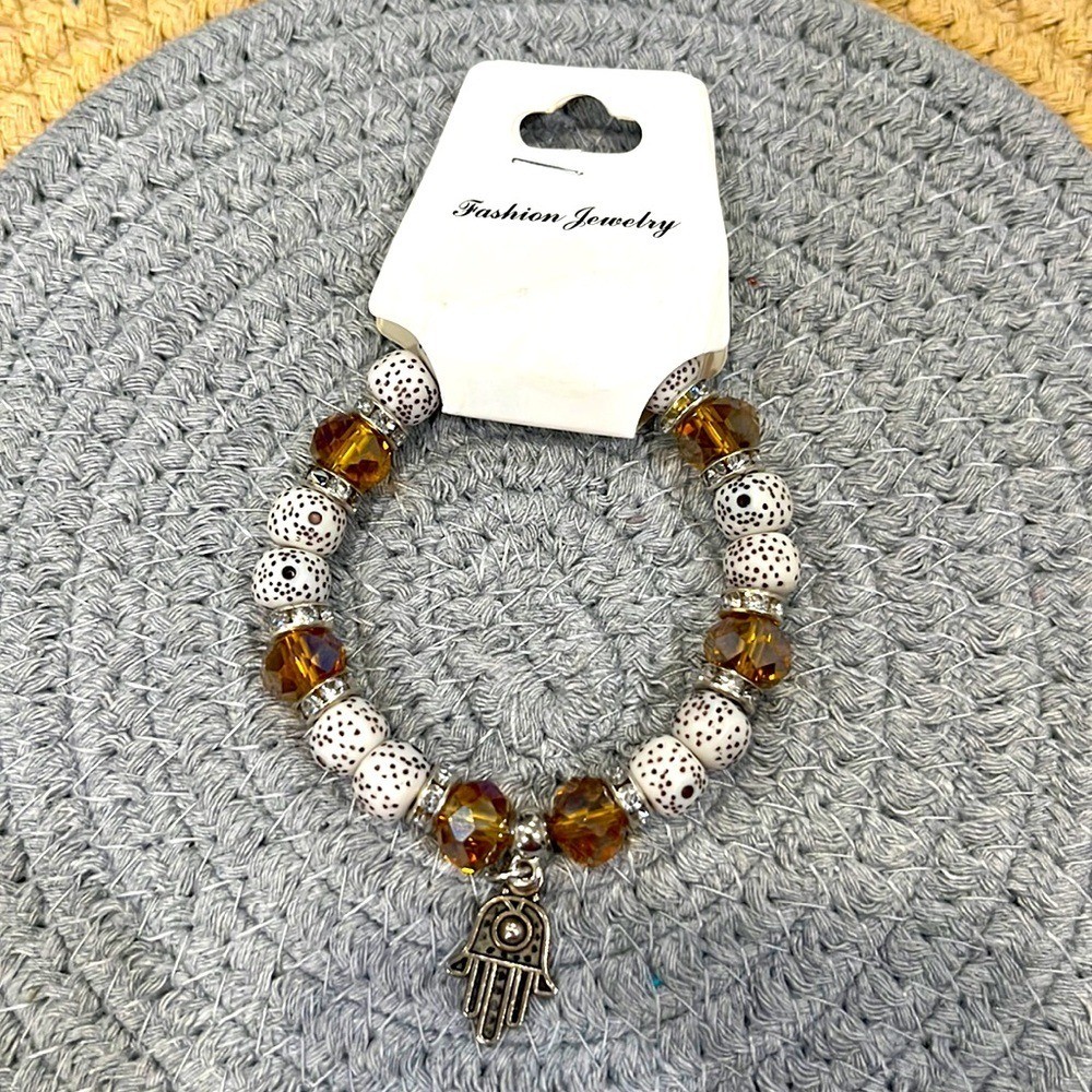 NEW Brown and White Hamsa Elastic Beaded Bracelet