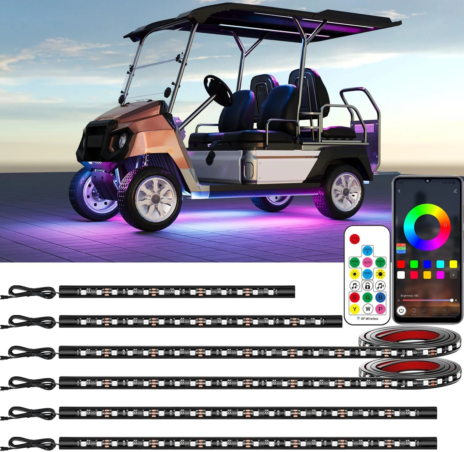 6PCS Golf Cart Underglow LED Light Kit with Built-in 12V-80V Reducer & Canopy Li
