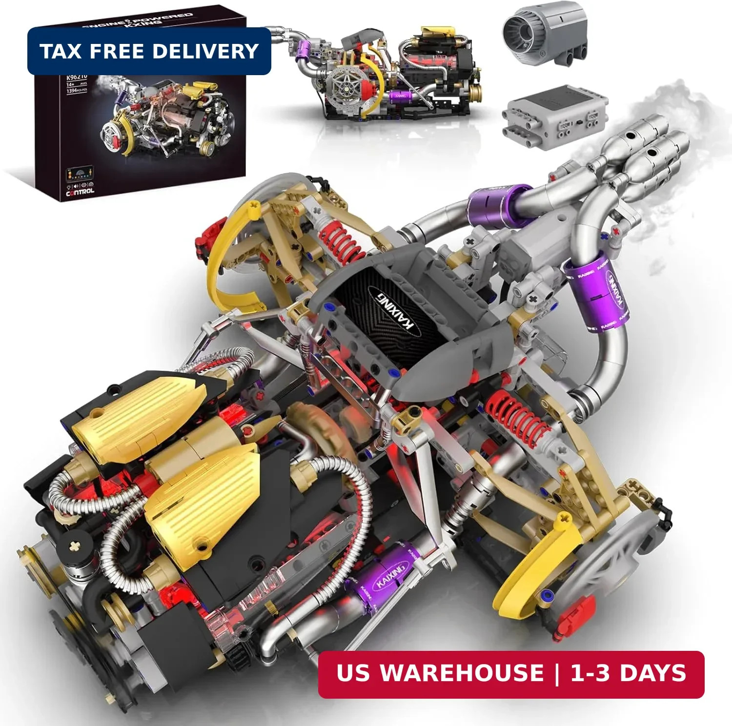 V8 Engine Model Kit That Runs Building Block Set w/ Spray Light Sound 1394PCS