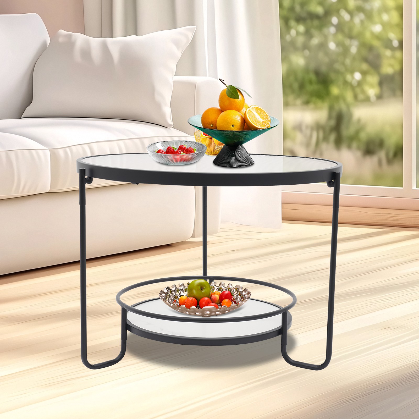 2-tier Modern Side Table Round Black End Table Tempered Glass Coffee Table 60cm