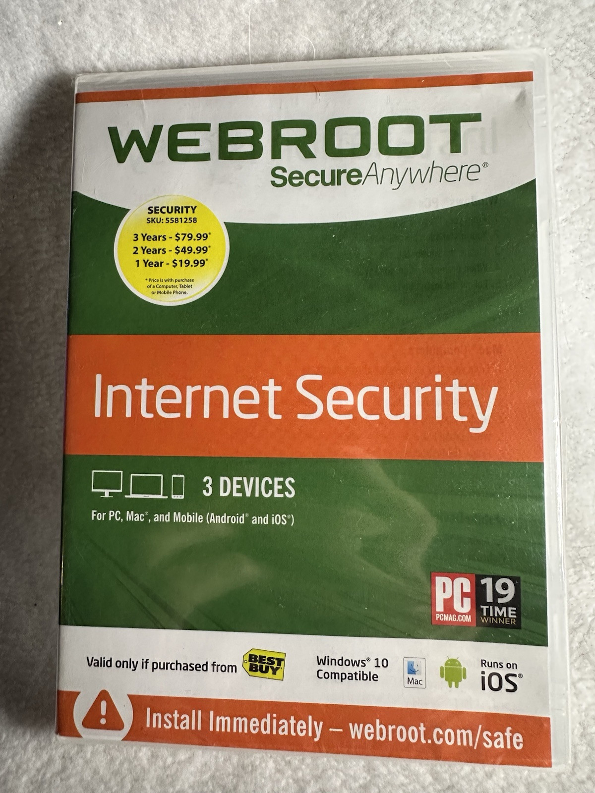 New Webroot Secure Anywhere Internet Security w/ Antivirus Windows 10, 3 Devices