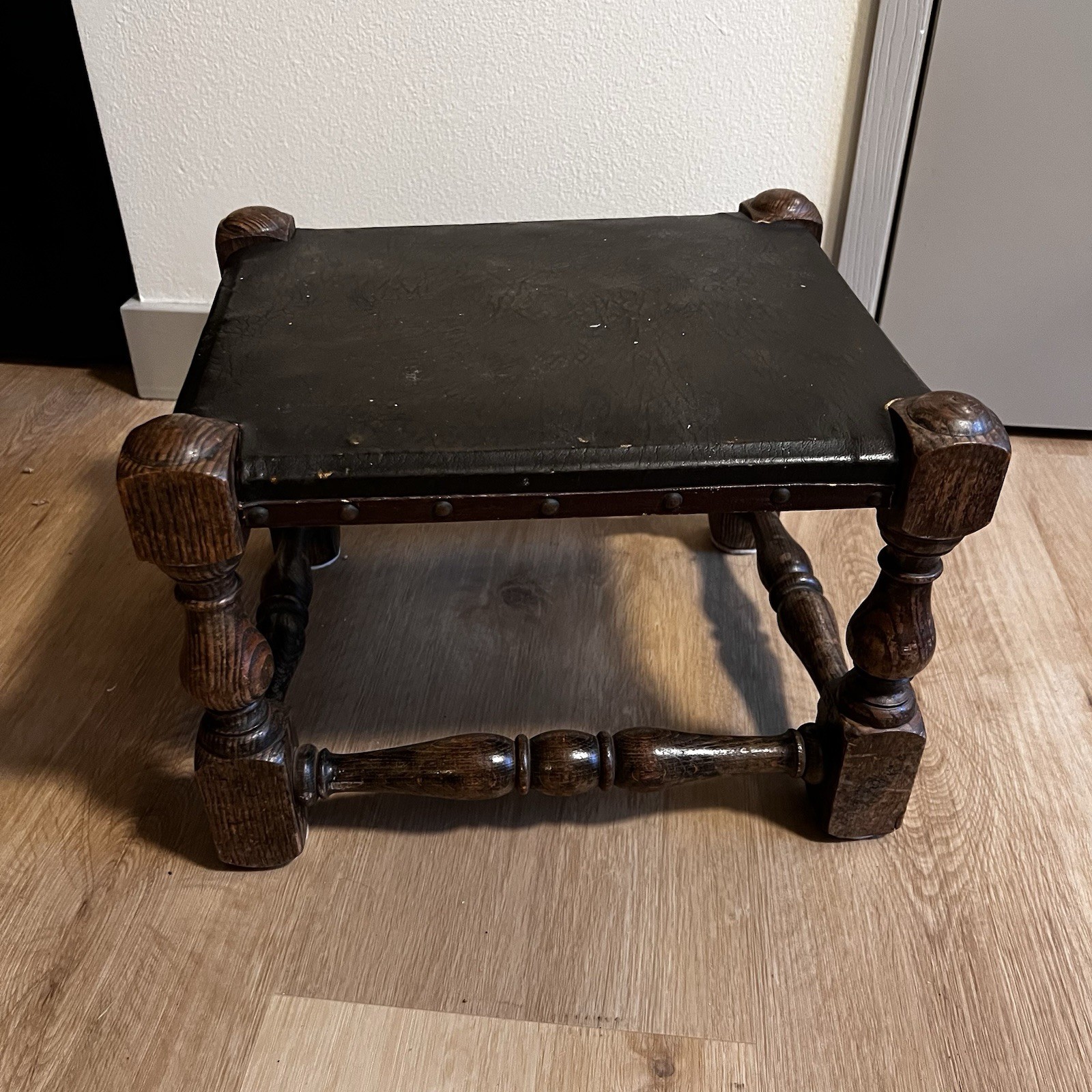 Antique Victorian Handmade Leather Oak Footstool, Footrest