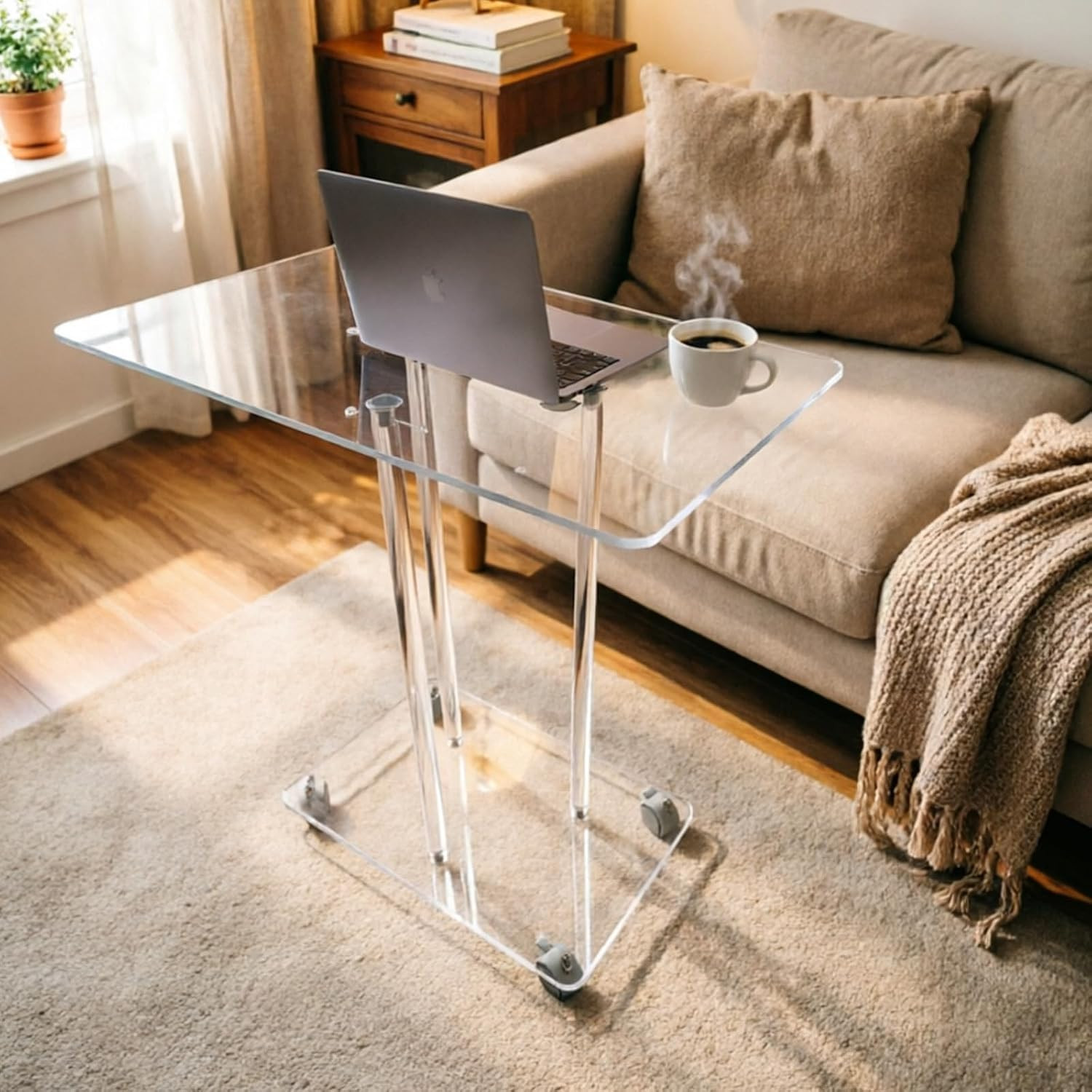 Acrylic Mobile Computer Desk, Clear Rolling Laptop Table with Wheels, Modern Tra