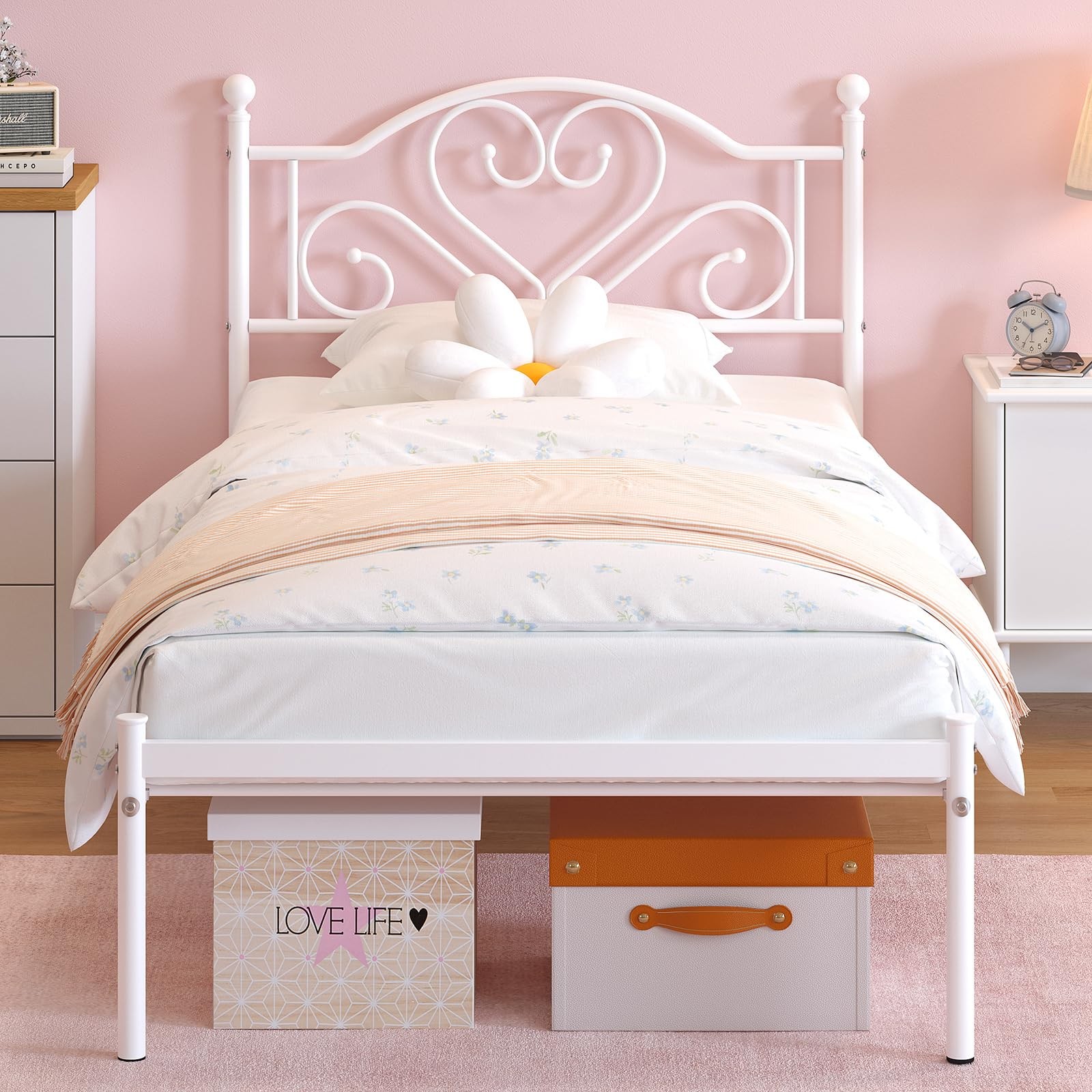 Twin Bed Frames with Headboard, Heavy Duty Metal Platform Under Bed Storage S...