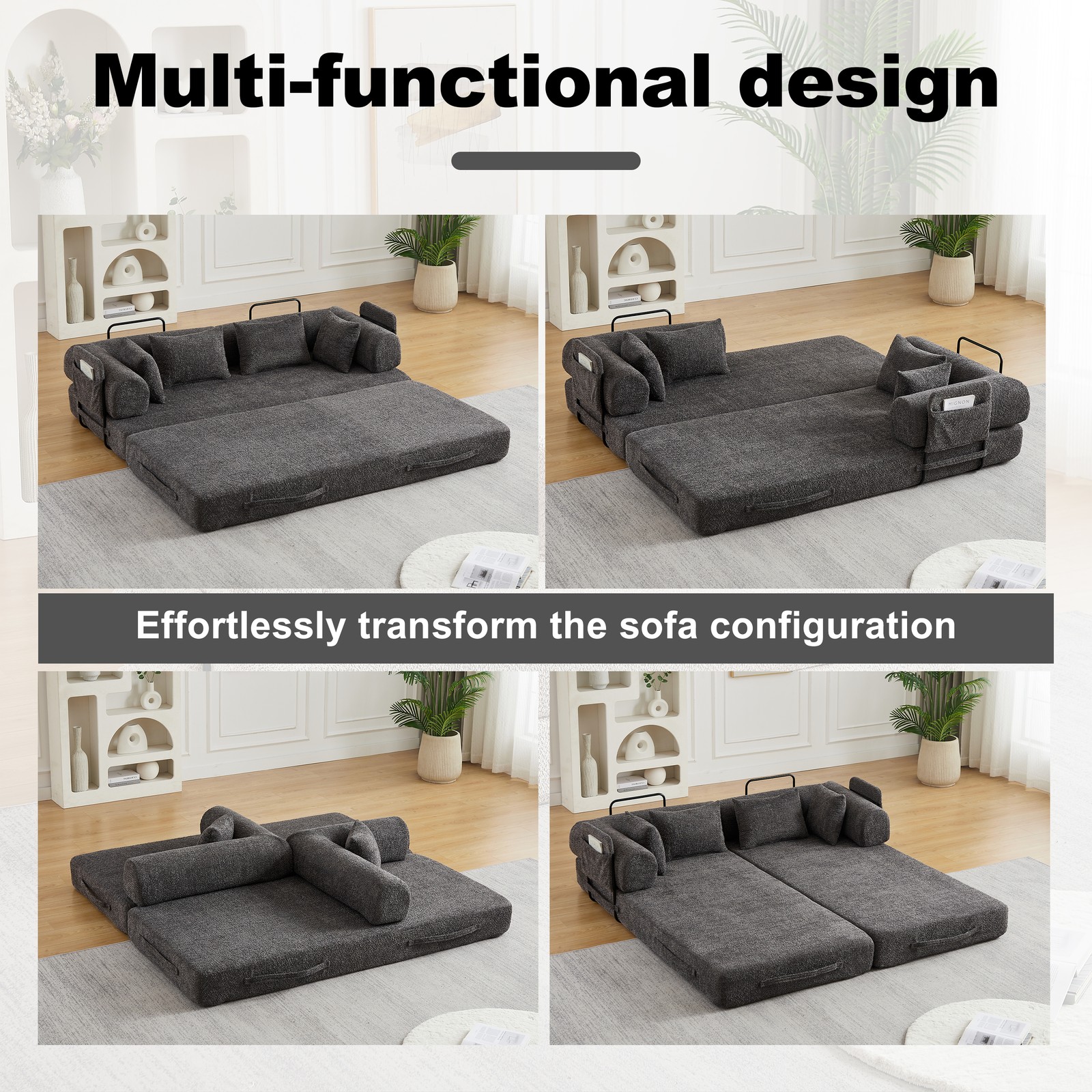 78.7" Convertible Sleeper Sofa Bed w/Cylindrical Pillow, Folding Sofa Bed Grey