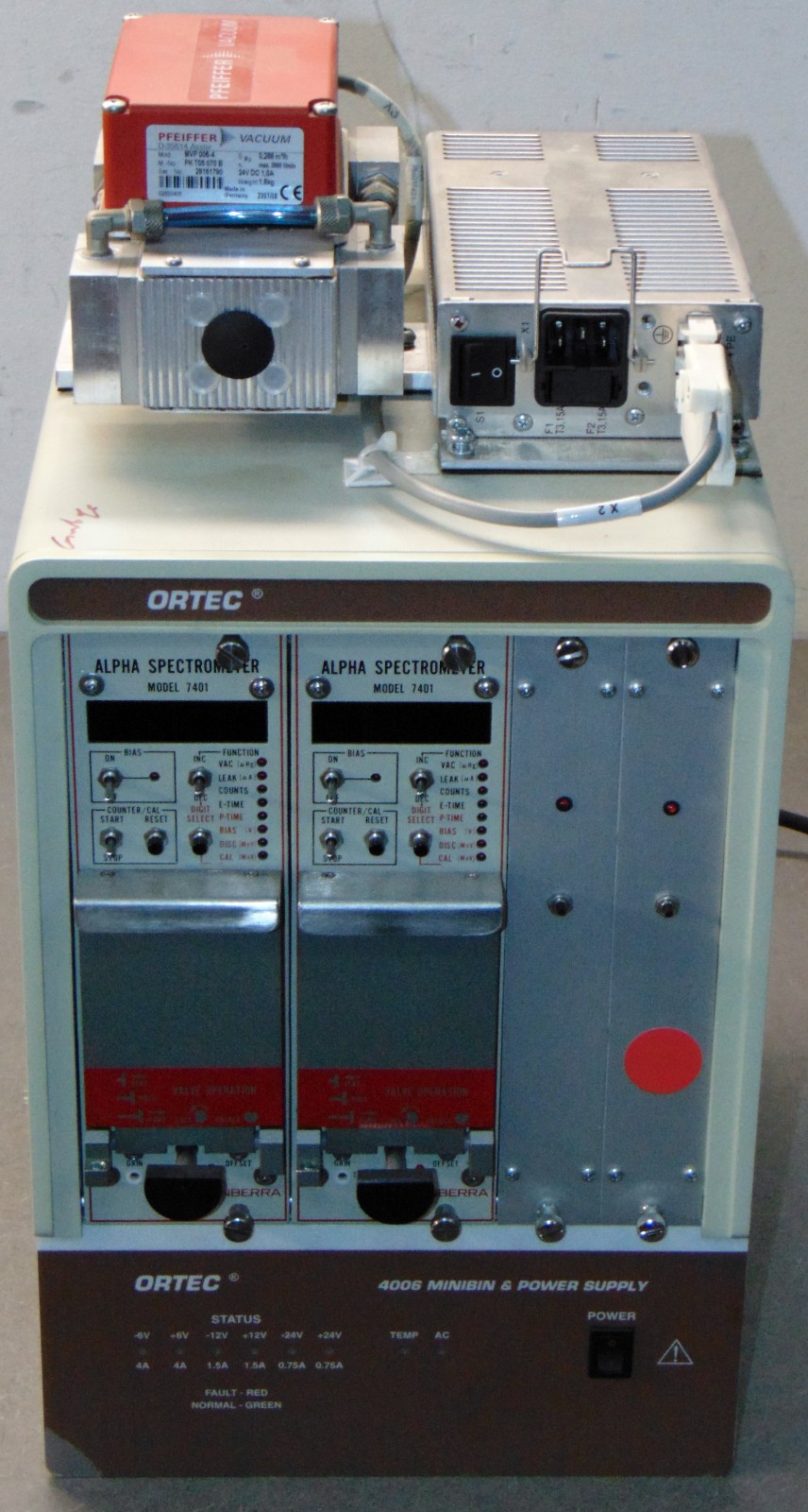 Ortec 4006 Minibin &Power Supply c/w 2x Canberra 7401 Alpha Spectrometer w/ PIPs