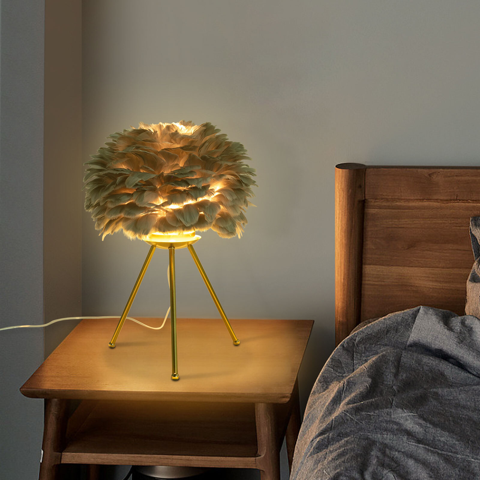 Gray Feather Table Lamp Tripod Lamp, Feather Lamp, Table Light Hand Control