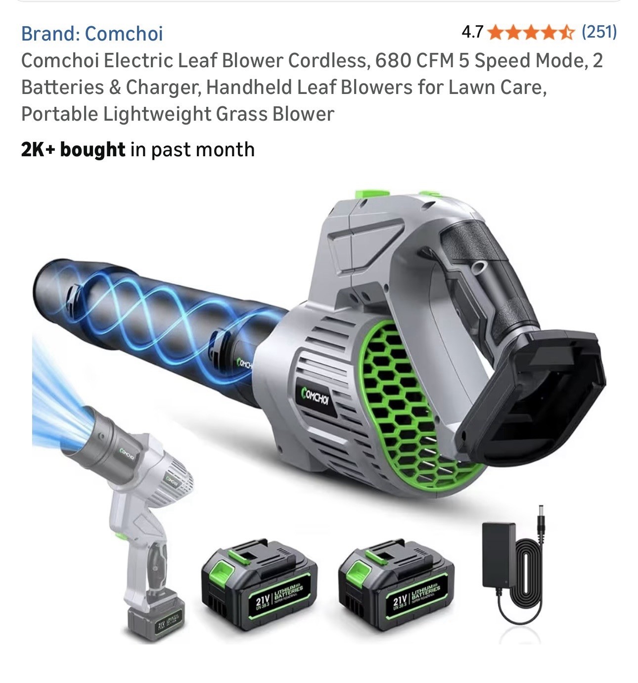 Comchoi Cordless Handheld Leaf Blower 21V 5 Speed w/Battery & Charger