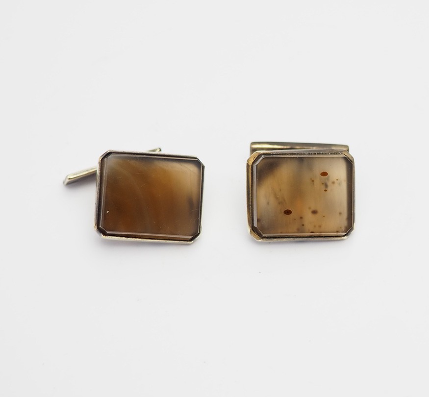 Vintage Soviet gilt 875 silver and agate square shape cufflinks