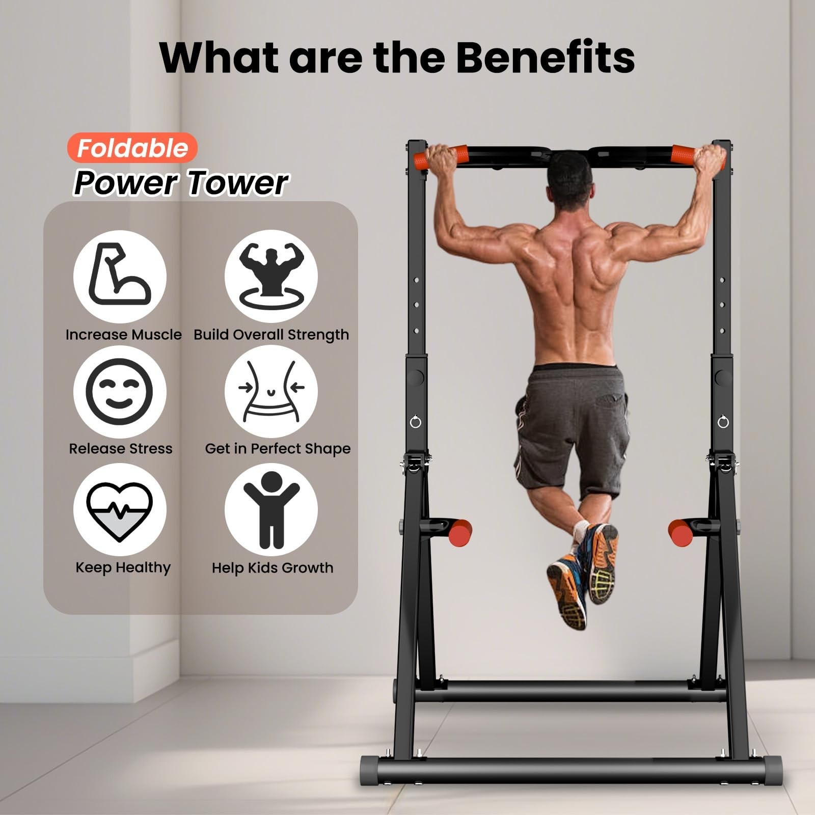Power Tower Pull Up Dip Station Foldable, Pull Up Bar Station Adjustable, Mul...