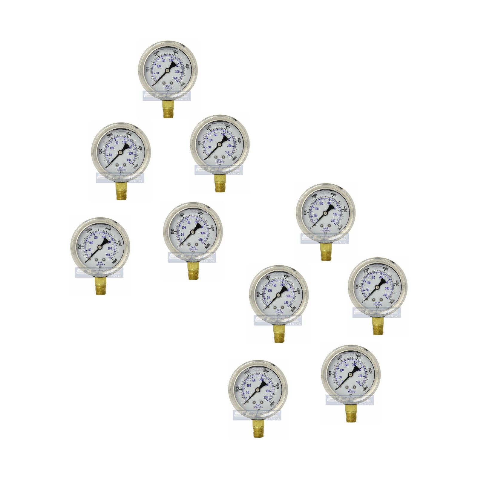 10 PACK LIQUID FILLED PRESSURE GAUGE 0-5,000 PSI, 2.5" FACE, 1/4" LOWER MOUNT