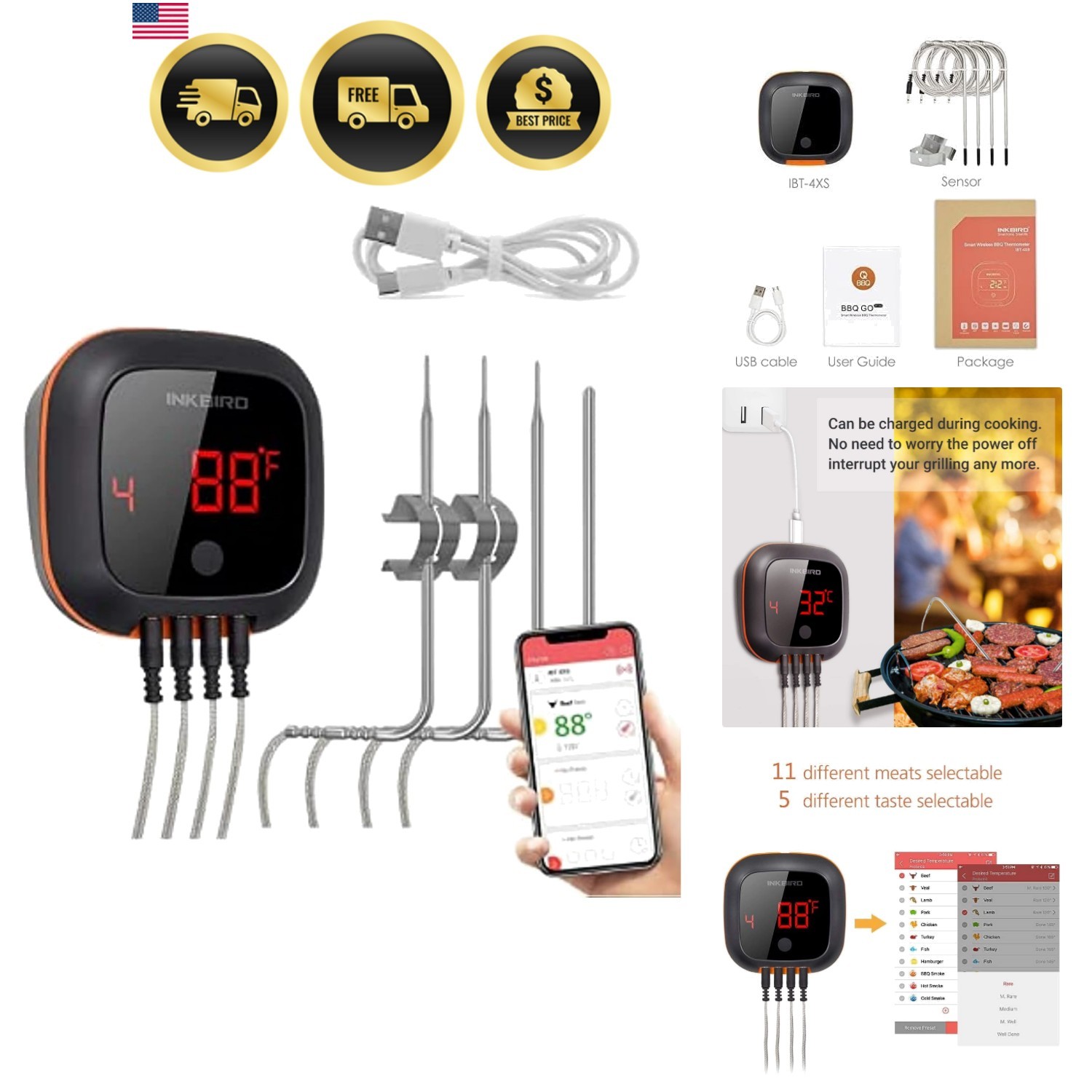 Bluetooth Digital Wireless Food Meat Thermometer , 4 Probes | 150FT Rechargea...