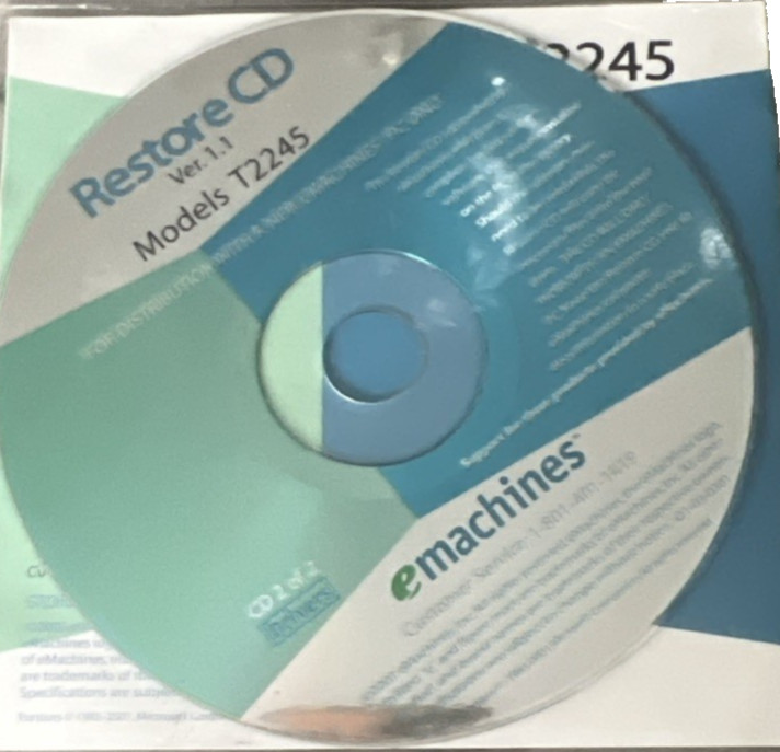 eMachines Restore CD T2245 Version 1.1 Models T2245- 2 Disc Set for Desktop PC