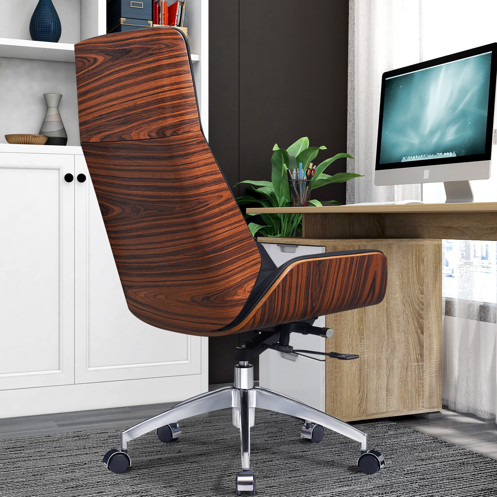 Light Rosewood Office Chair Ergonomic Armless Chair Genuine Leather Desk Chair