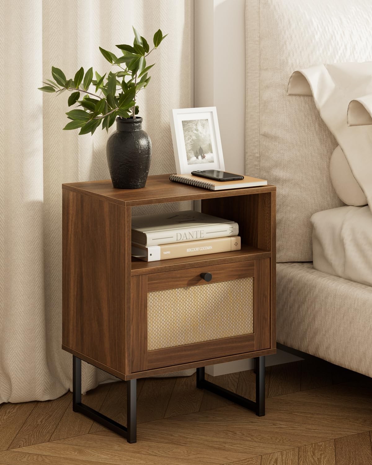 Masupu Rattan Nightstand,Modern Boho Farmhouse Wood Normal Size, Walnut