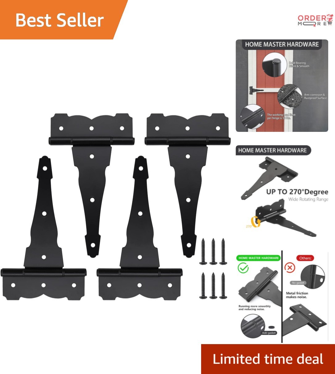 Heavy Duty Steel Black T-Style Gate Hinges 8 Inch 4 Pack for Barns Sheds