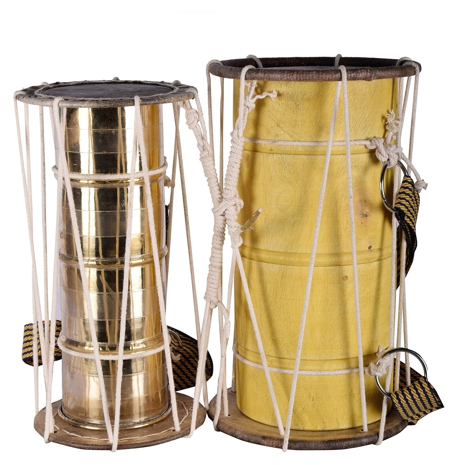 CARNATIC PAMBAI PERCUSSION DRUMS, PAIR IN BRASS AND JACKWOOD, WITH BEATERS ETC