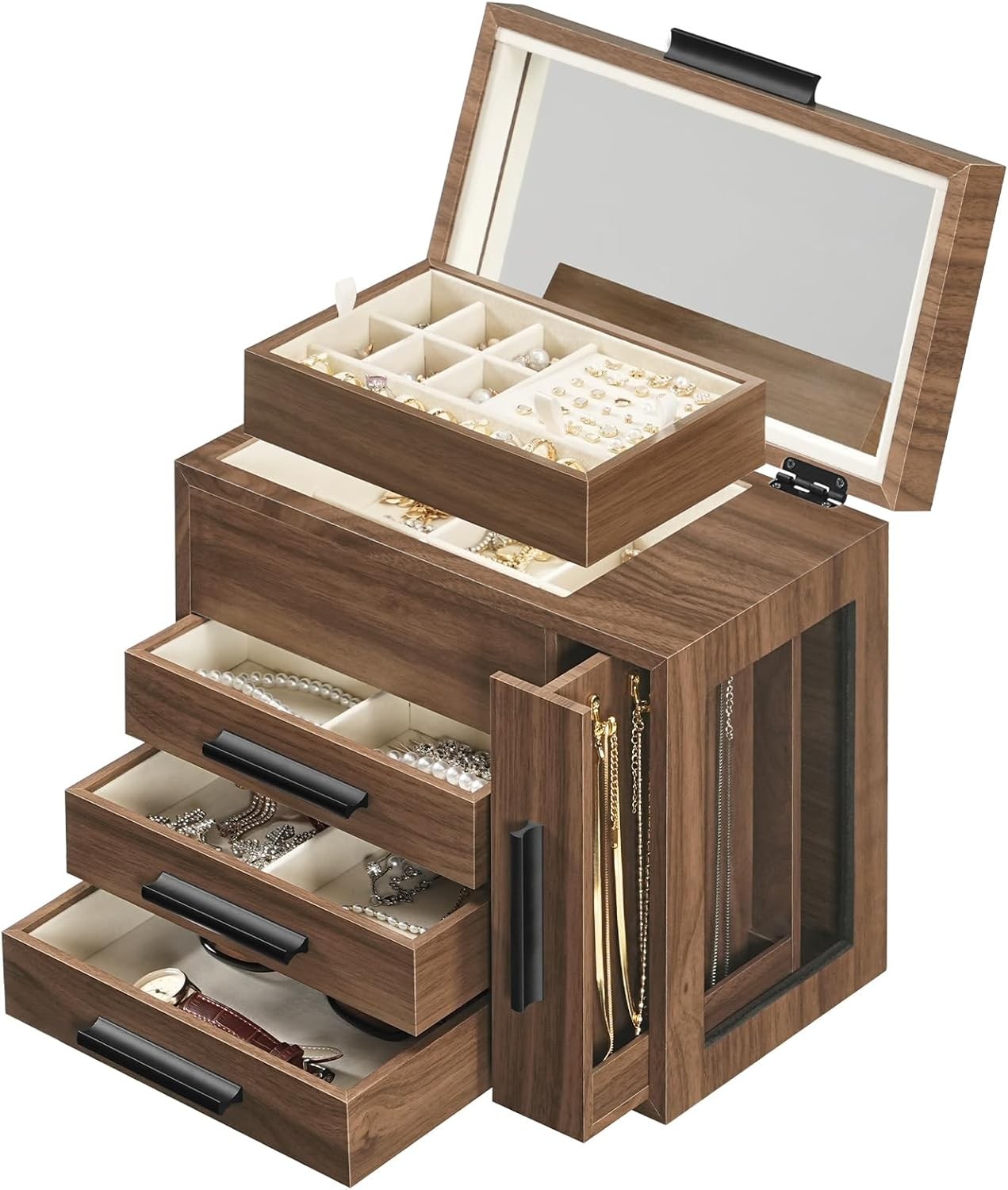 Jewelry Box with Mirror, Wooden Jewelry Organizer Box with Side