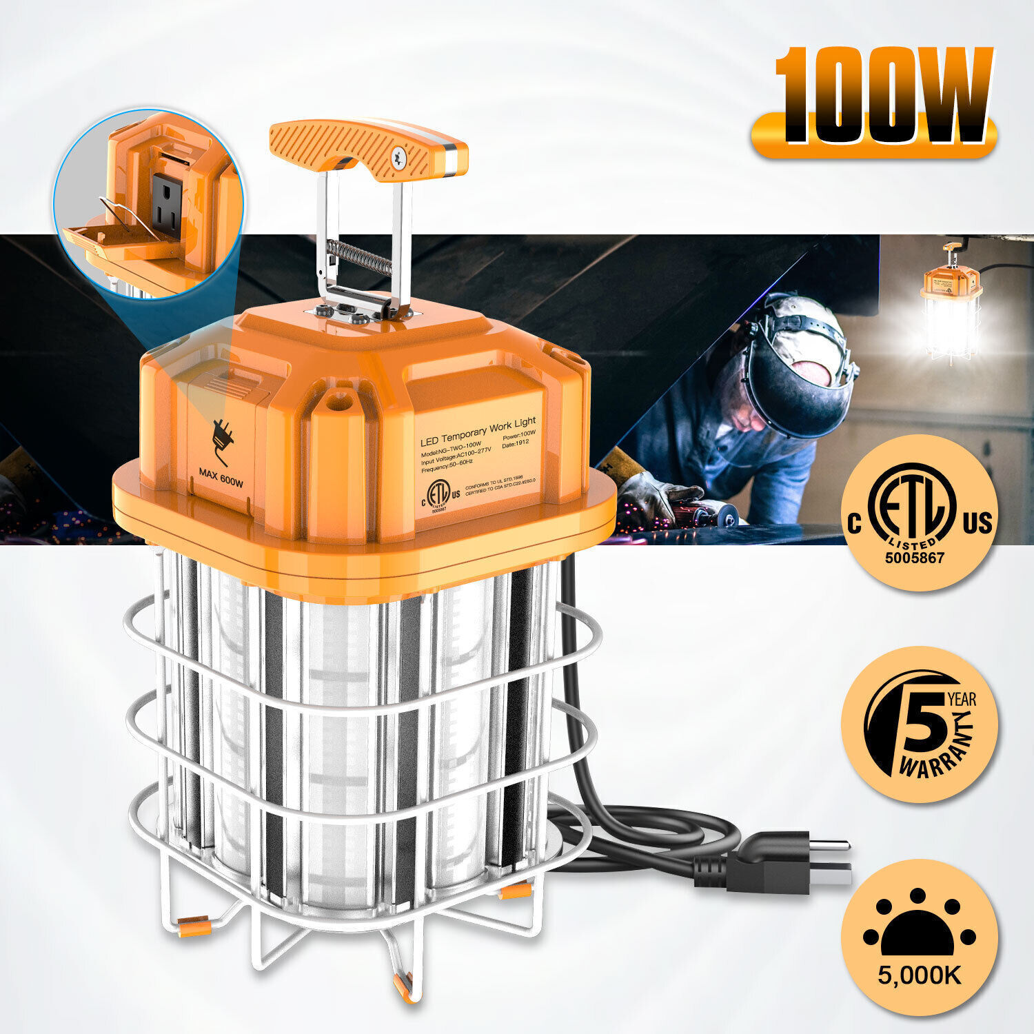 Linkable LED Temporary Work Light 100W Construction Jobsite Hanging Lamp 14500LM
