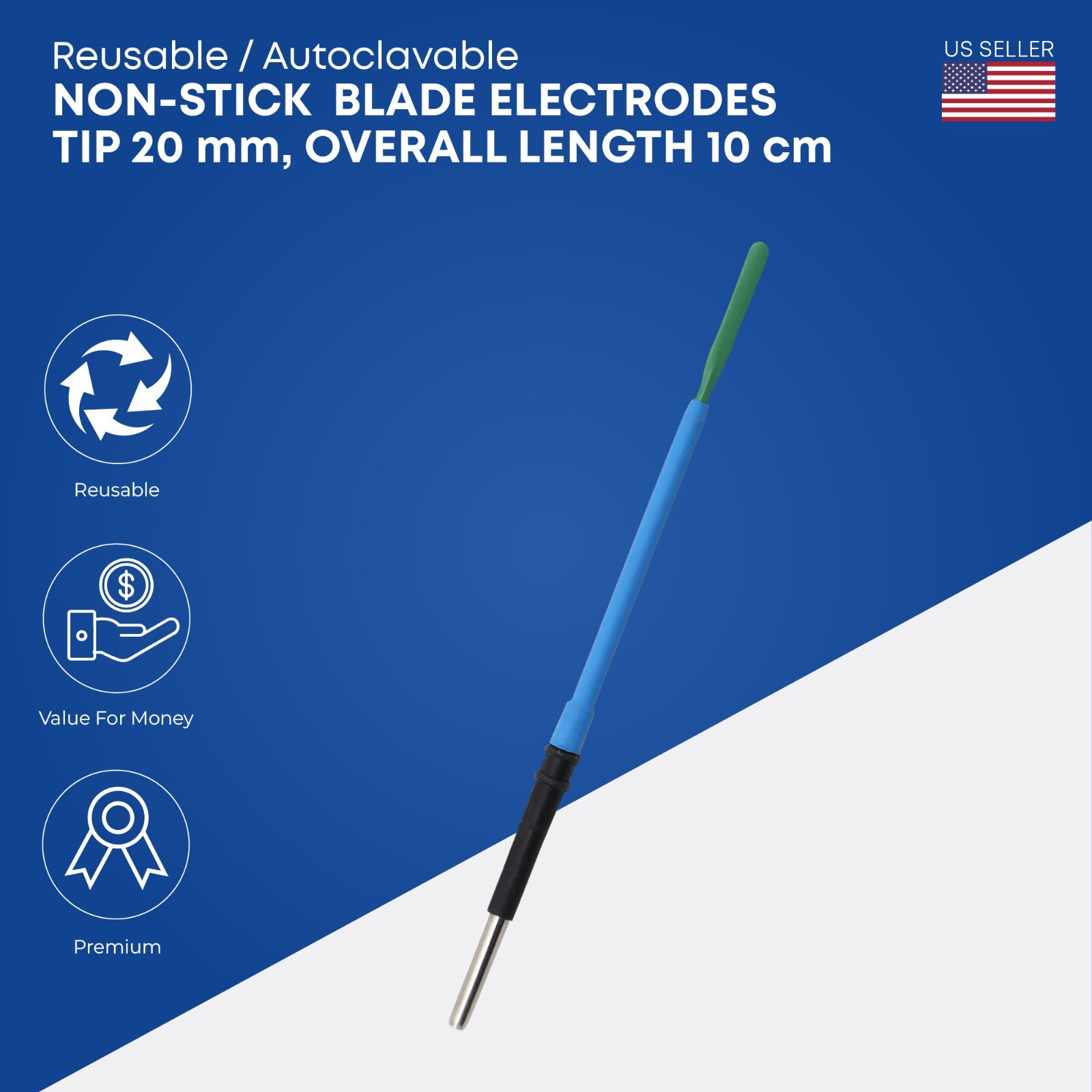 Reusable Non-Stick Blade Electrode 20 mm Tip 10 cm Electrosurgical Autoclavable