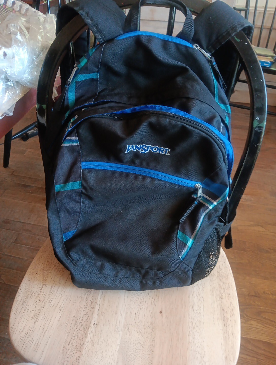 Jan Sport Back Pack Black W/Blue Trim Six Pockets Padded Shoulder Straps GREAT!!
