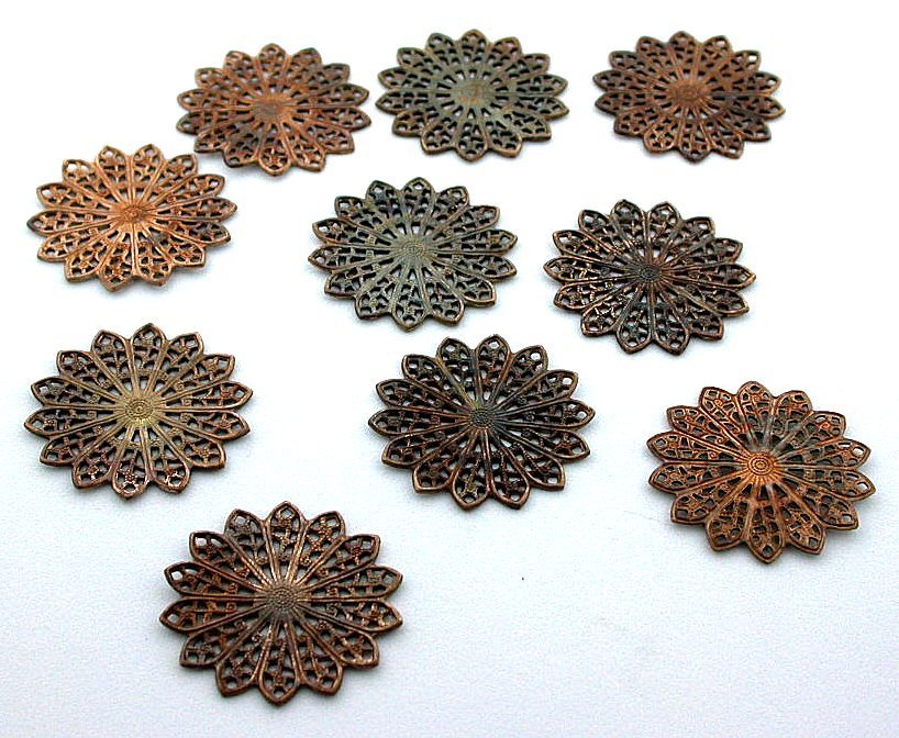 SIX 22mm ROUND STARBURST VINTAGE ANTIQUE COPPER FILIGREE CONNECTOR FINDINGS