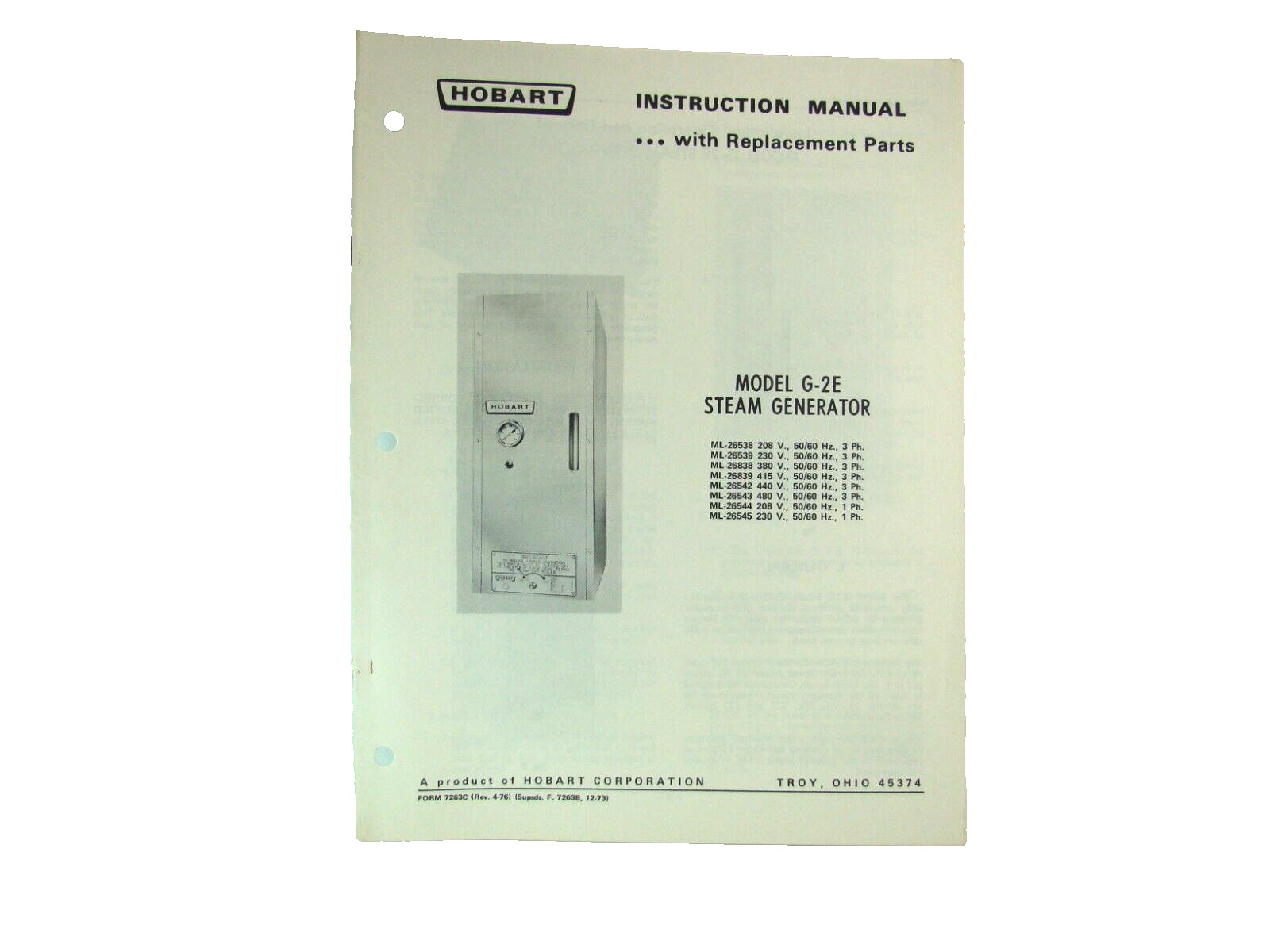 Hobart Steam Generator Model G-2E Instruction Manual With Replacement Parts