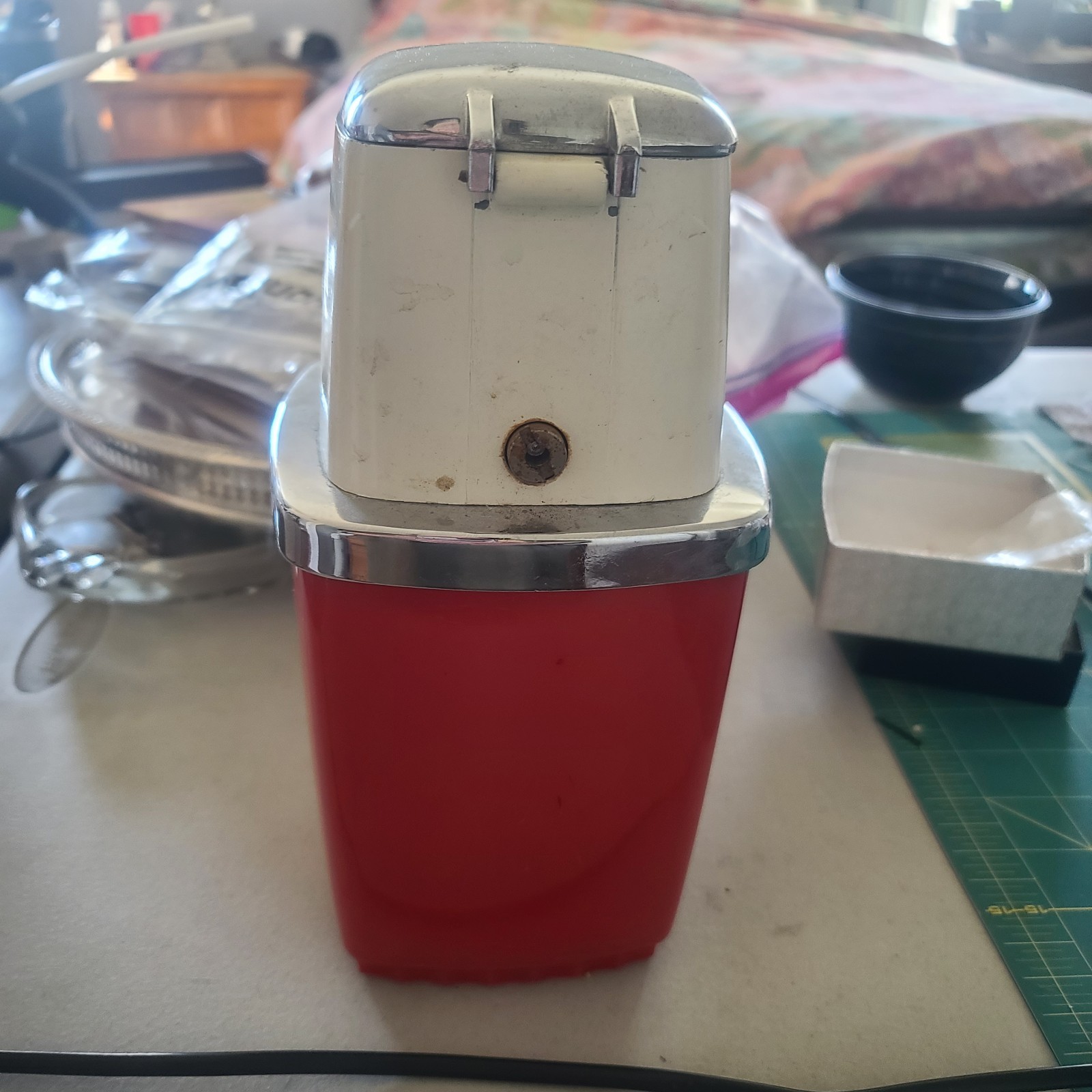 Swing-A-Way Ice Crusher Manual Crank Red Chrome MCM Vintage Bar Kitchen Beverage