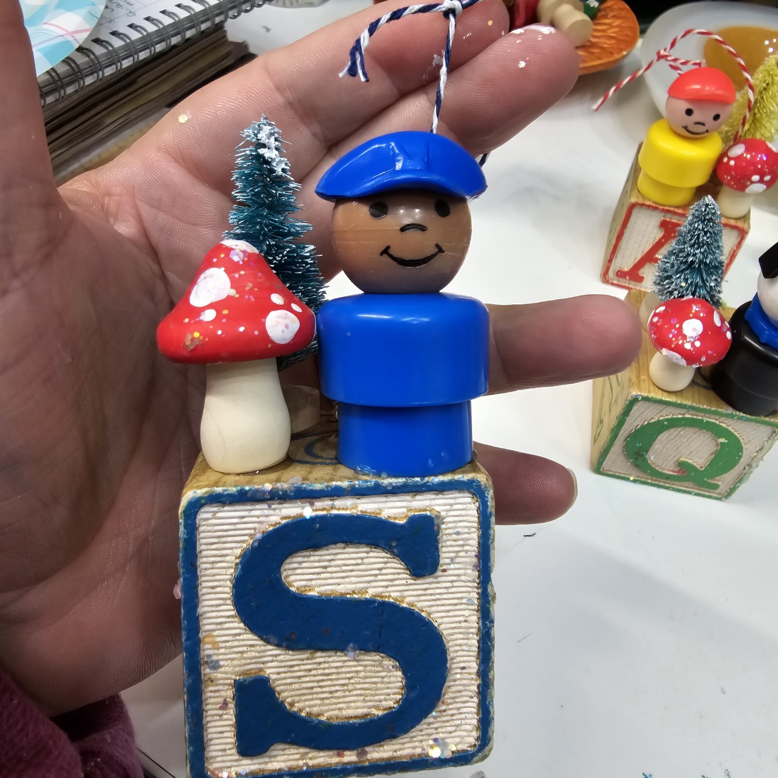 Vintage building block  Fisher Price Little People Christmas Ornament Letter S