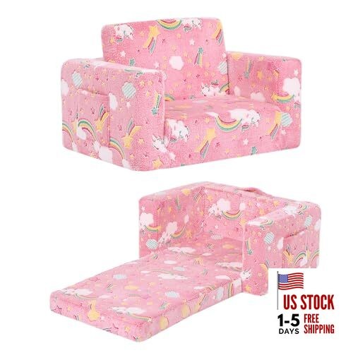 Kids Sofa Toddler Chair, Children Couch with Side Pockets 2 in 1 Pink Rainbow