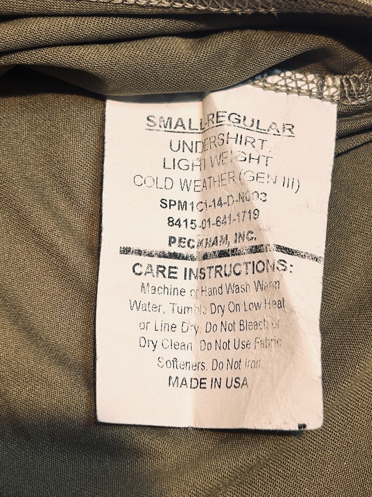Milliken Undershirt Small/Regular Light Weight Cold Weather Gen III Peckham Inc