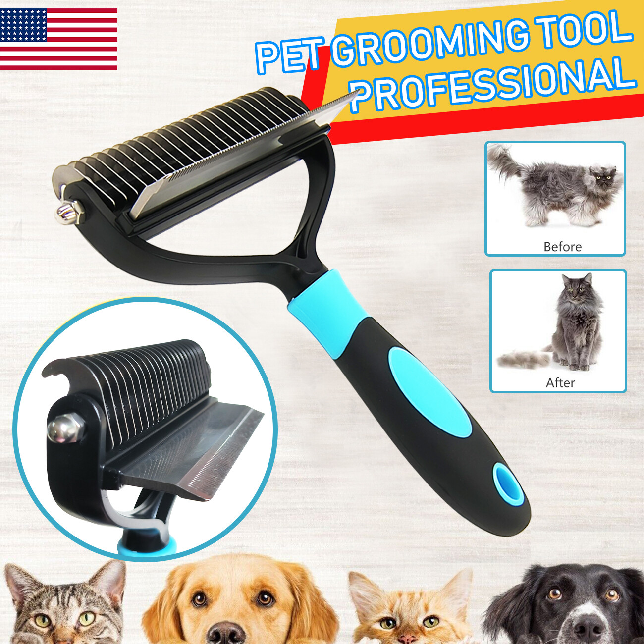 Pet Cat Dog Hair Fur Shedding Trimmer Grooming Dematting Rake Comb Brush Tool
