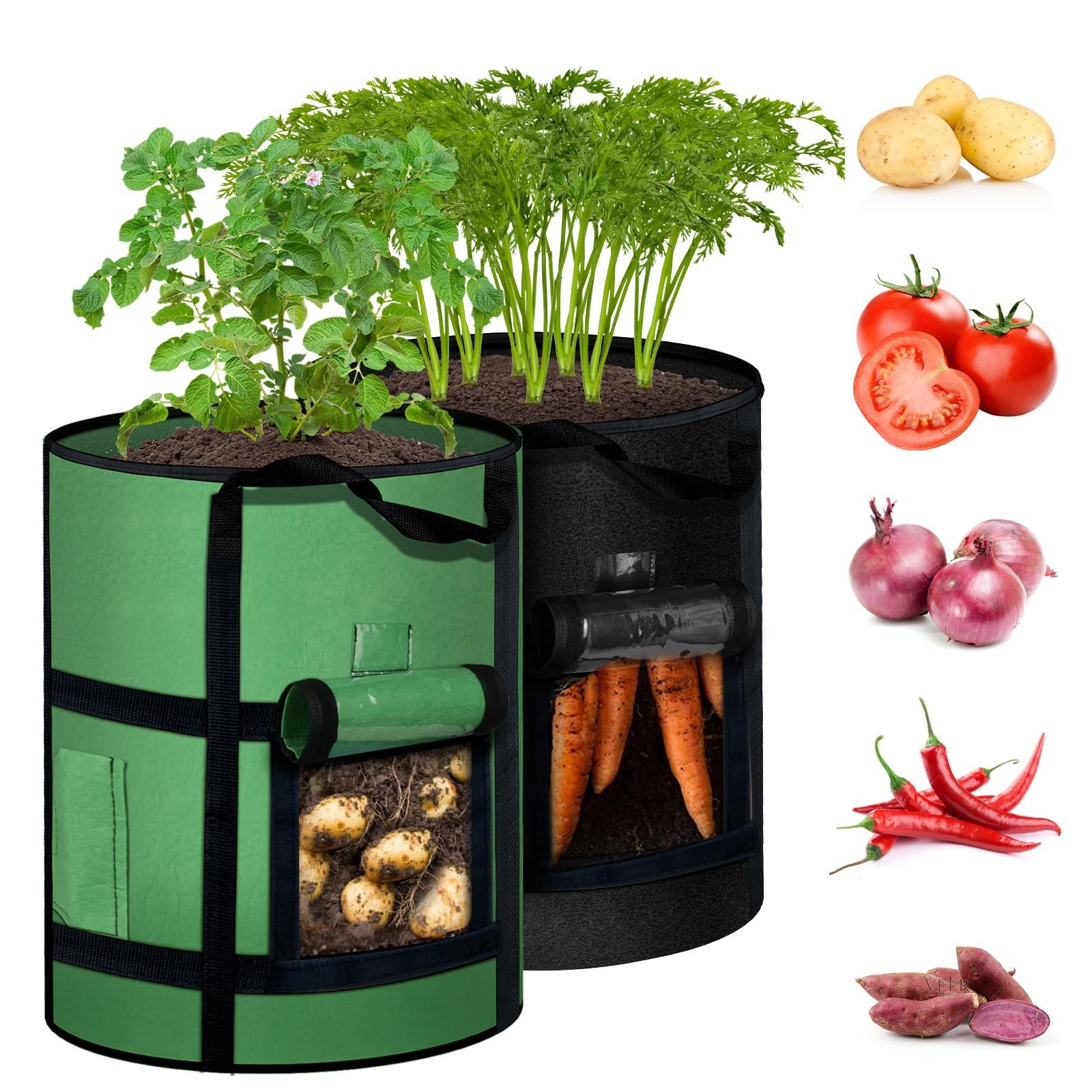 7 Gallon Potato Grow Bags with Viewing Window, 300G Nonwoven Garden Planting ...