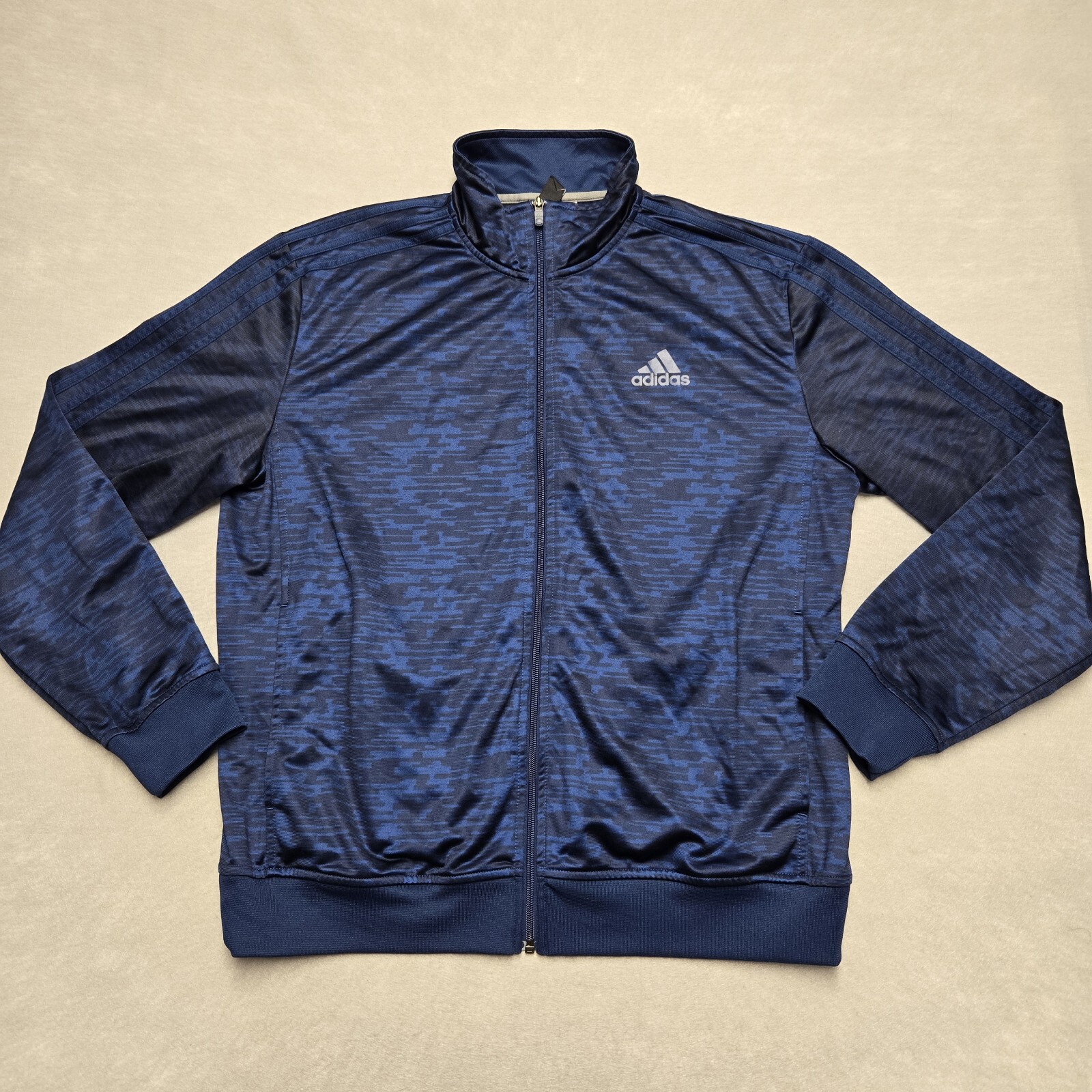 Adidas Mens Size Large Full Zip Track Jacket Blue Black Three Stripes Camo