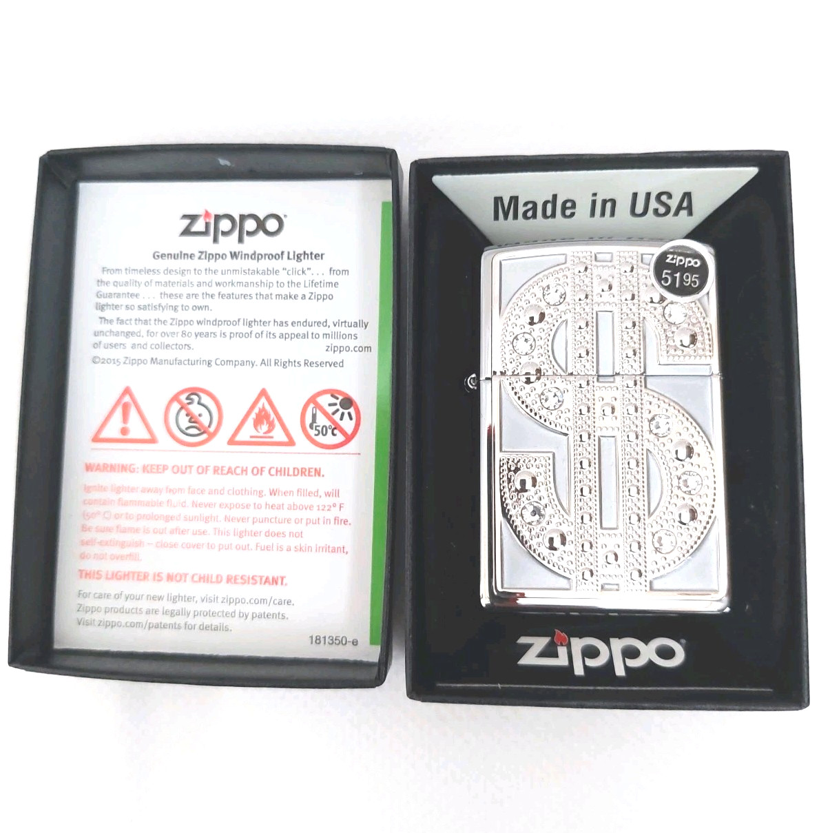 DOLLAR SIGN $ HIP HOP SWAROVSKI CRYSTAL ZIPPO LIGHTER Sealed MADE IN USA NEW