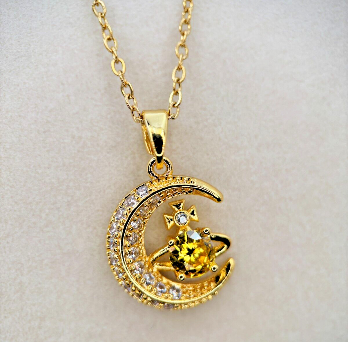 Fifth Ave Gold Rhinestone Moon and Star Pendant Necklace