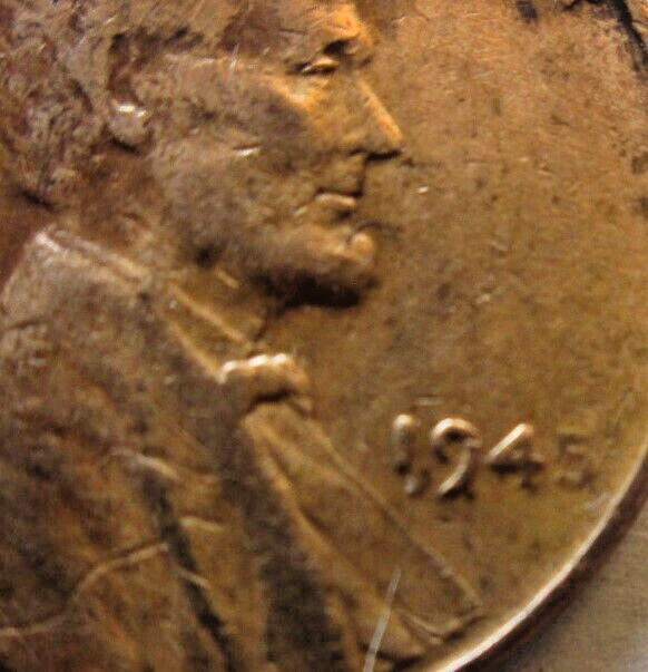 1945-P WHEAT CENT GREASE STRIKE ERROR AT DATE, BN, XF, CIRCULATED