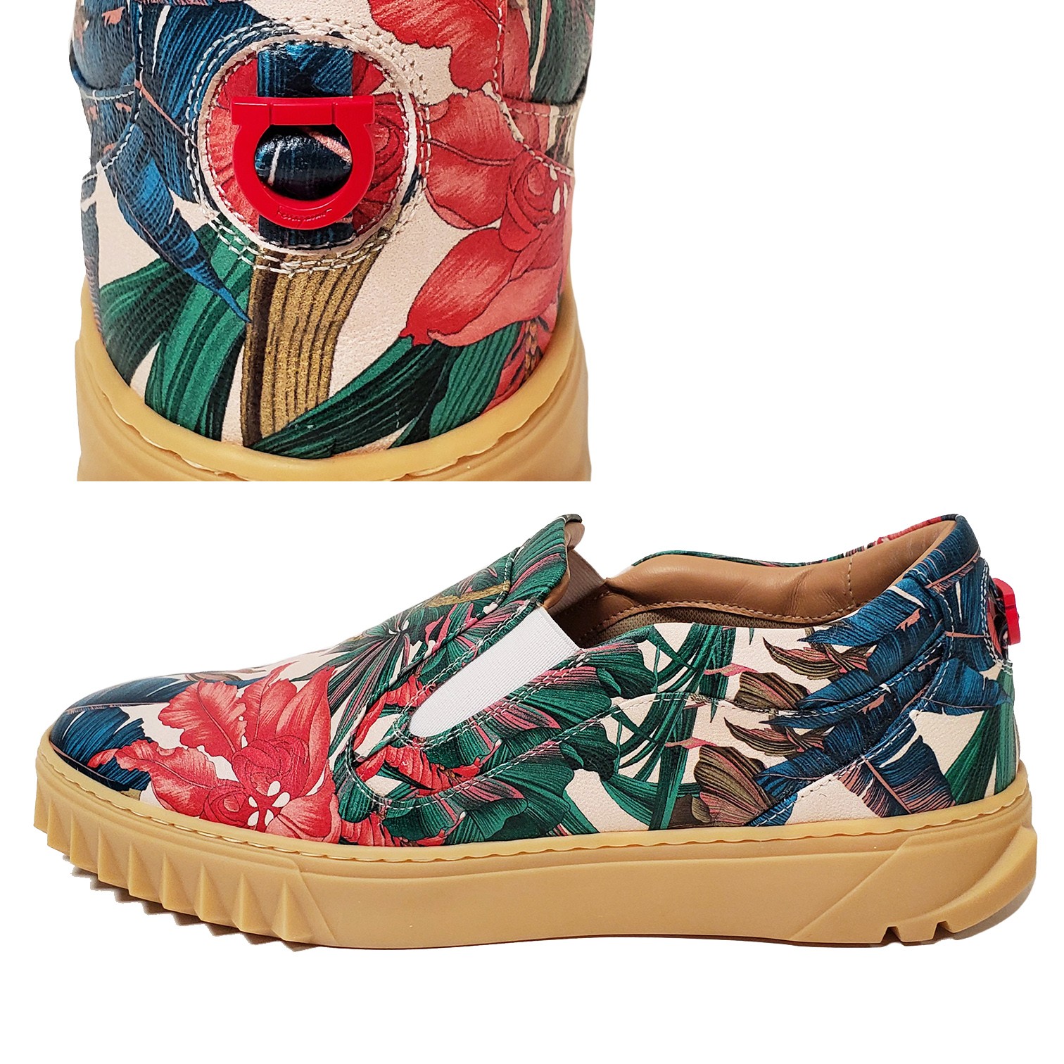SALVATORE FERRAGAMO SHOES TROPICAL FLORAL LEATHER SLIP ON SNEAKERS GANCINI sz 8