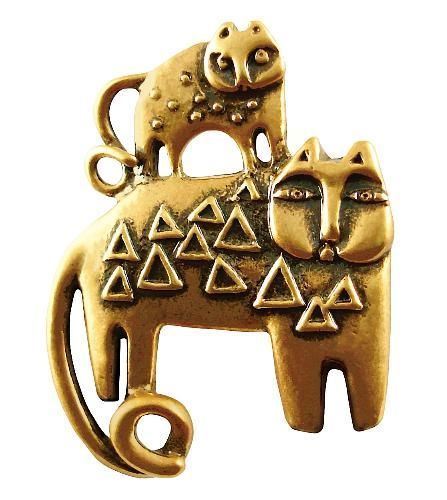 Laurel Burch "Feline Family" Pin - Gold Tone