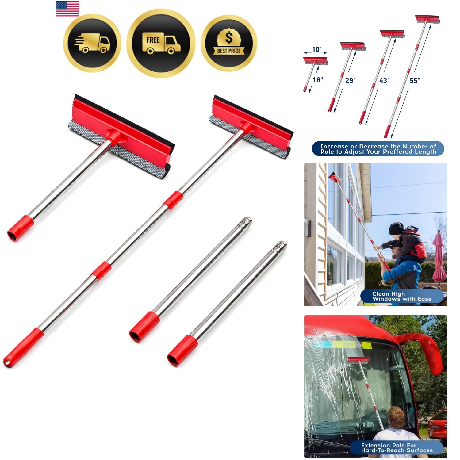 Window Squeegee, 2-in-1 Window Cleaner with 55" Extension Poles, Window Washi...