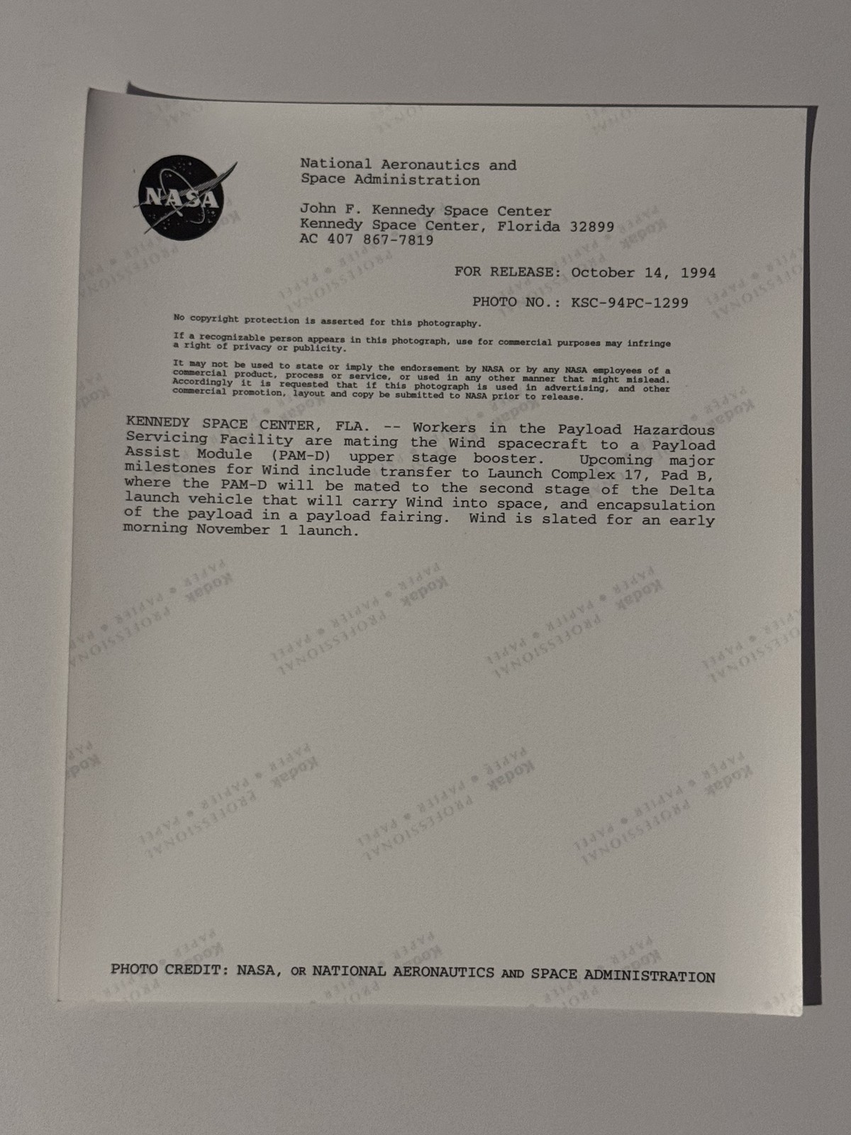 NASA WIND Spacecraft Processing Cape Canaveral Press Photo