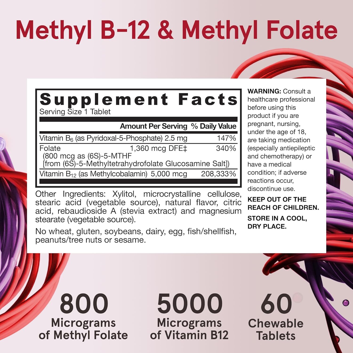 Jarrow Formulas Ultra Strength Methyl B-12 5000 mcg & Methyl Folate 800 mcg + P-