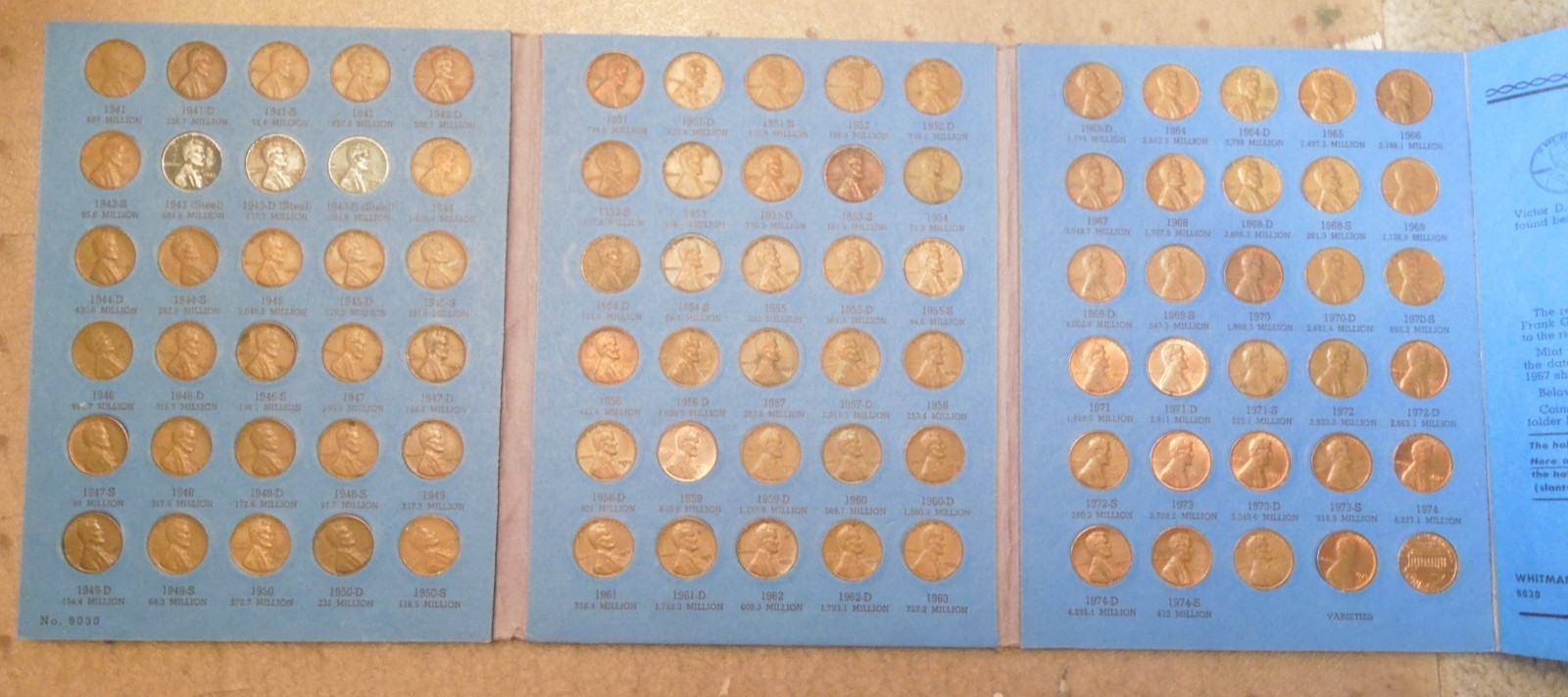 Lincoln copper Cent collection complete 1941- 1974-S set. fine- better. 87 coins