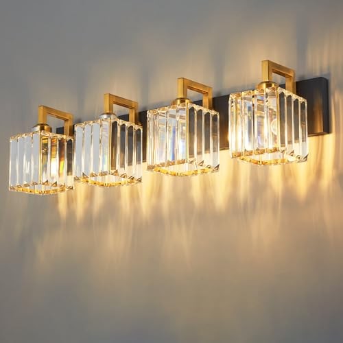 Modern Bathroom Vanity Light 4-Lights Black Gold Crystal Wall Lamp Bathroom