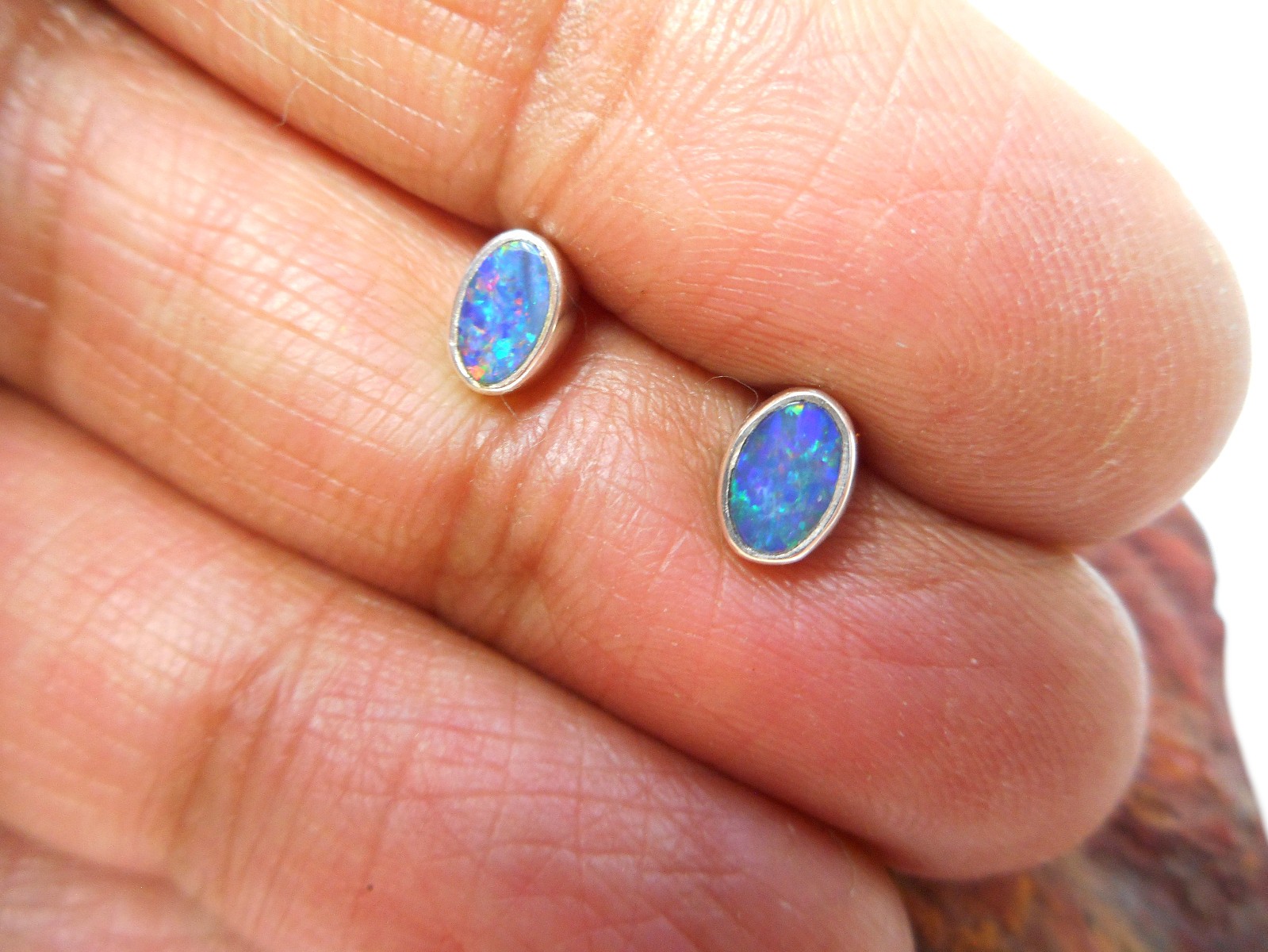 Natural Small Australian Opal Stud Earrings - Sterling Silver Gemstone