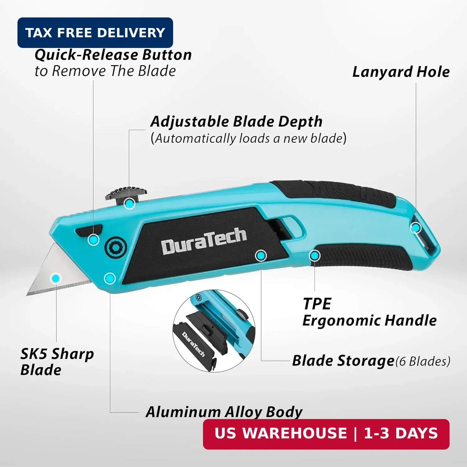 DURATECH Auto-Loading Utility Knife, Heavy Duty Retractable Box Cutter with 6 Pr