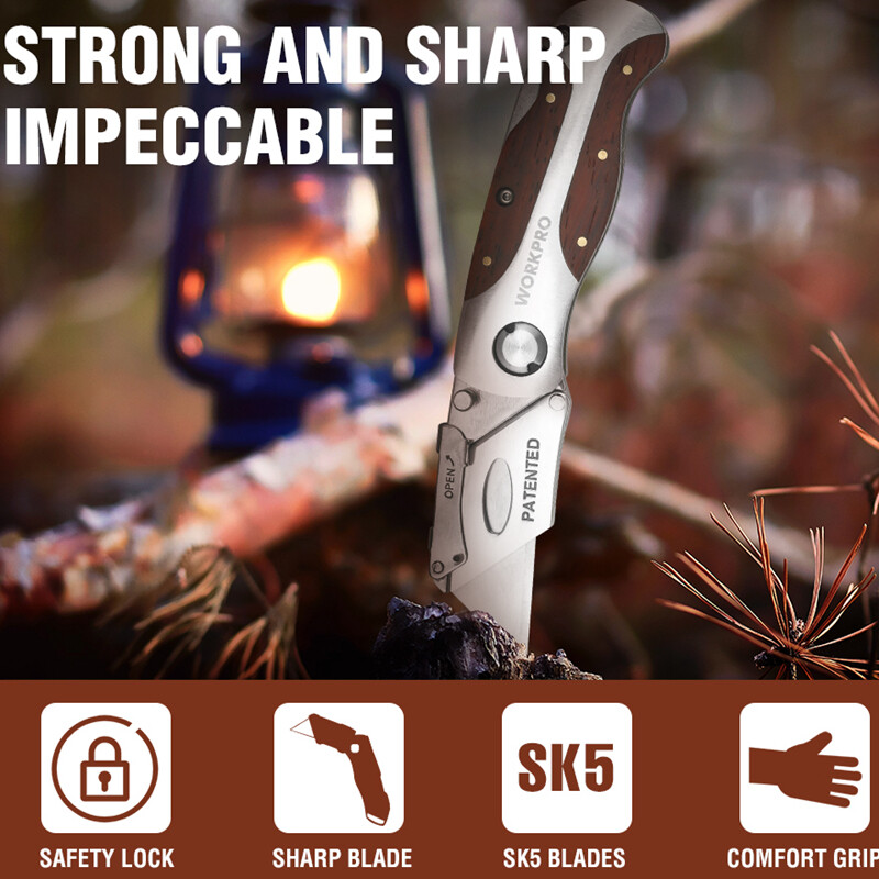 WORKPRO Folding Utility Knife Quick-Change Box Cutter Retro Wood Grain Handle US